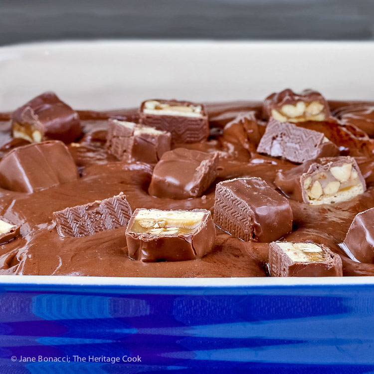 Snickers pieces imbedded in the fudge; Snickers Chocolate Fudge (Gluten Free) © 2018 Jane Bonacci, The Heritage Cook