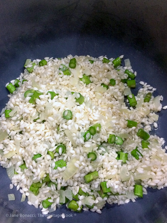 cooking the arborio rice in the instant pot; Asparagus and Pea Risotto © 2018 Jane Bonacci, The Heritage Cook