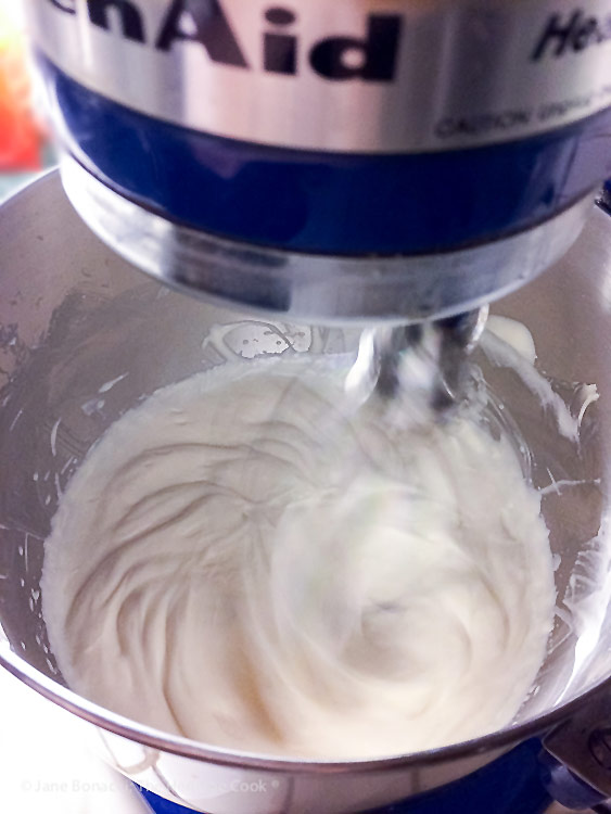 Whipping up the cheesecake frosting; Brownies with Cheesecake Frosting (Gluten Free) © 2018 Jane Bonacci, The Heritage Cook