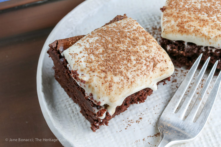 Two brownies in plate with fork; Brownies with Cheesecake Frosting (Gluten Free) © 2018 Jane Bonacci, The Heritage Cook