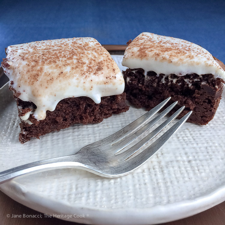 Two brownies on plate with antique fork; Brownies with Cheesecake Frosting (Gluten Free) © 2018 Jane Bonacci, The Heritage Cook