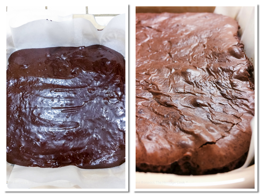 Brownies before and after baking; Brownies with Cheesecake Frosting (Gluten Free) © 2018 Jane Bonacci, The Heritage Cook