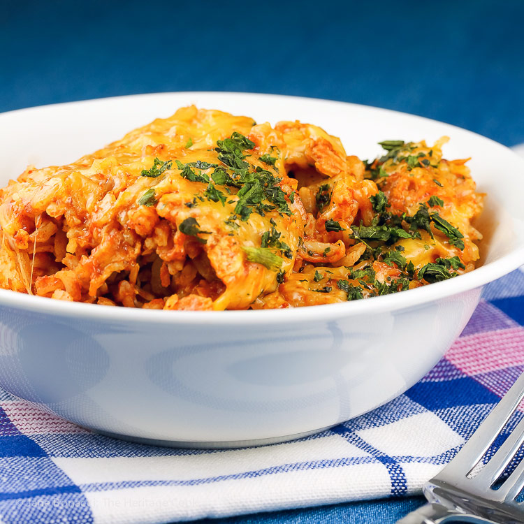 Close up of bowl; Instant Pot Chicken Enchilada Rice Casserole © 2018 Jane Bonacci, The Heritage Cook