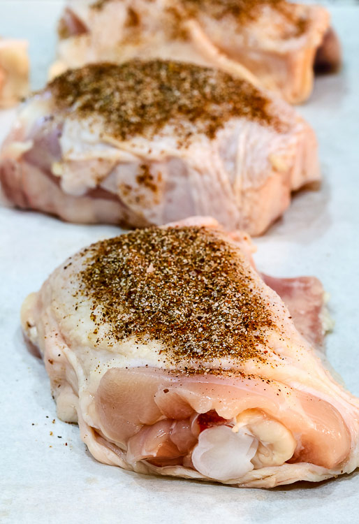 Seasoned chicken thighs ready for the Instant Pot; Instant Pot Chicken Filled Arepas © 2018 Jane Bonacci, The Heritage Cook