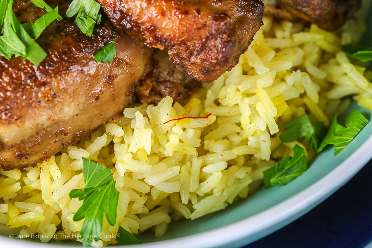 close up of saffron rice; Gluten Free Mediterranean Chicken Dinner © 2018 Jane Bonacci, The Heritage Cook