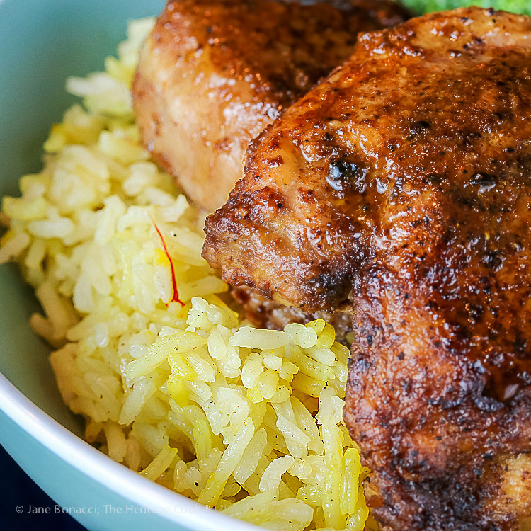 close up of chicken and rice; Gluten Free Mediterranean Chicken Dinner © 2018 Jane Bonacci, The Heritage Cook