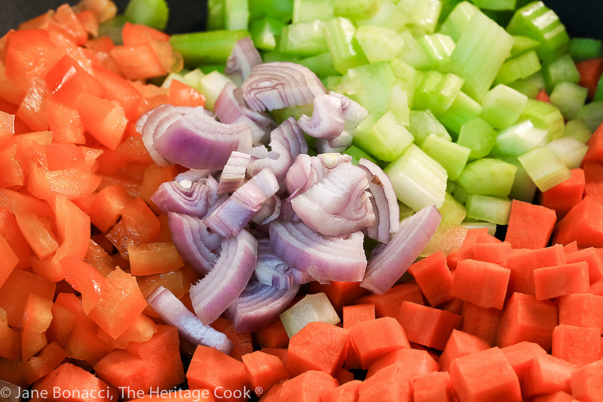 Chopped vegetables ready for cooking; Fig and Cranberry Rice Pilaf (Gluten Free) © 2022 Jane Bonacci, The Heritage Cook