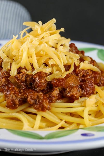 Secret Ingredient Ohio Chili with Spaghetti © 2018 Jane Bonacci, The Heritage Cook