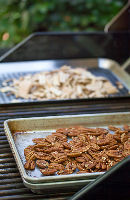 Smoking the pecans on the grill; Grilled Crustless Bourbon Pecan Pies with Gluten Free Directions © 2018 Jane Bonacci, The Heritage Cook 