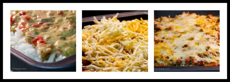 triptych of cooking steps; Cheesy Breakfast Hash Brown Casserole © 2018 Jane Bonacci, The Heritage Cook