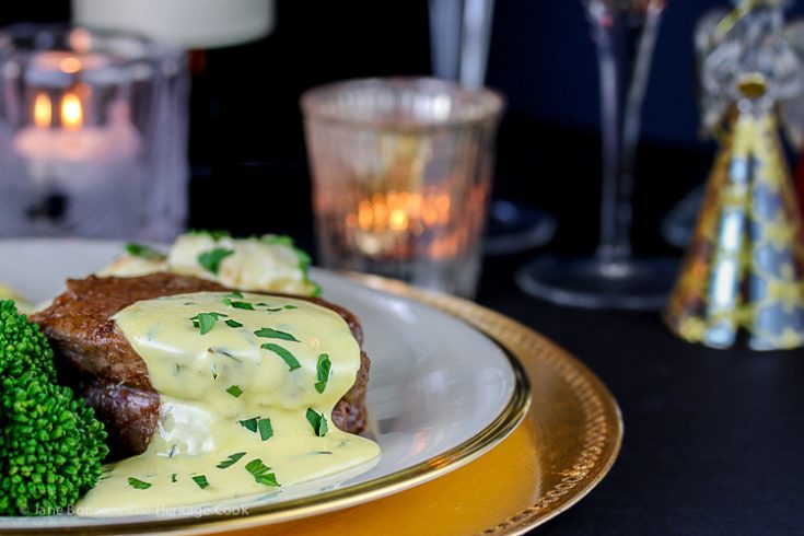 Steak and sauce in front of holiday candles; Holiday Foolproof Béarnaise Sauce (Gluten Free) © 2018 Jane Bonacci, The Heritage Cook