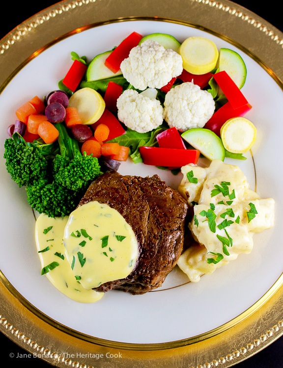 top down full dinner plate with steak and sauce; Holiday Foolproof Béarnaise Sauce (Gluten Free) © 2018 Jane Bonacci, The Heritage Cook