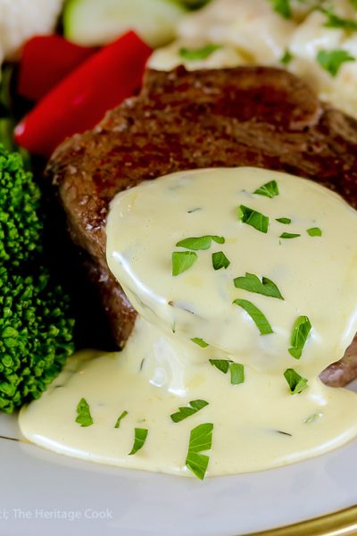close up of steak with sauce and broccoli; Holiday Foolproof Béarnaise Sauce (Gluten Free) © 2018 Jane Bonacci, The Heritage Cook