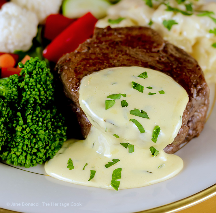 close up of steak with sauce and broccoli; Holiday Foolproof Béarnaise Sauce (Gluten Free) © 2018 Jane Bonacci, The Heritage Cook