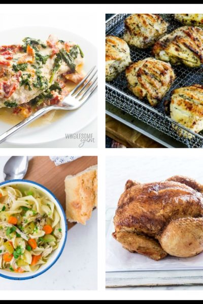 4 images of healthy chicken dishes; 15 Great Chicken Recipes collection, compiled by Jane Bonacci, The Heritage Cook
