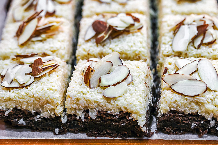 almonds on top of brownies; Rich Coconut Almond Brownies © 2019 Jane Bonacci, The Heritage Cook
