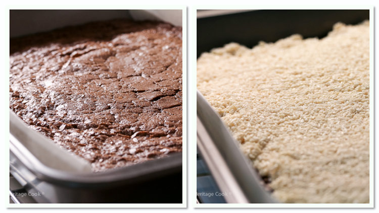 Brownie and Coconut layers; Rich Coconut Almond Brownies © 2019 Jane Bonacci, The Heritage Cook