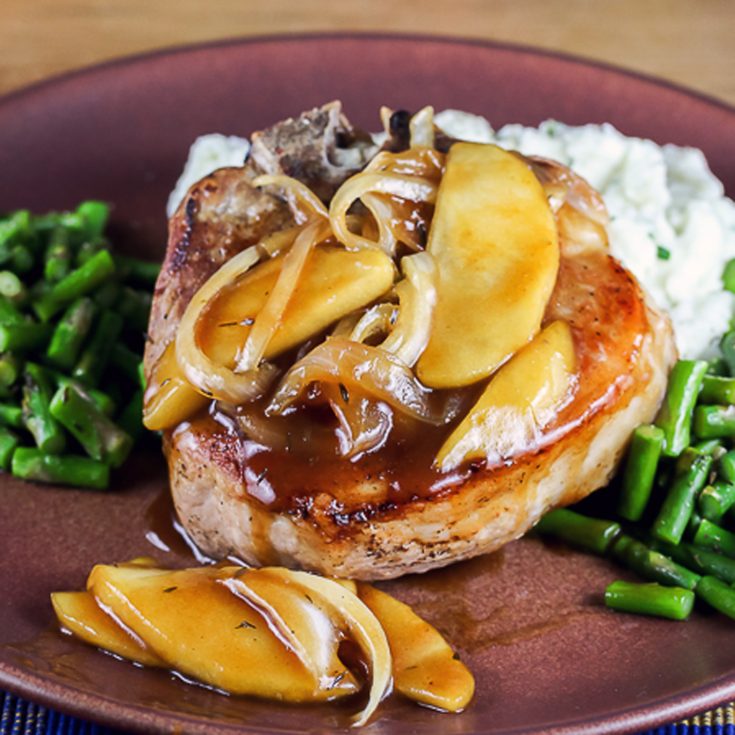 Smothered Pork Chops with an Apple & Onion Pan Sauce (Gluten-Free); © 2019 Jane Bonacci, The Heritage Cook