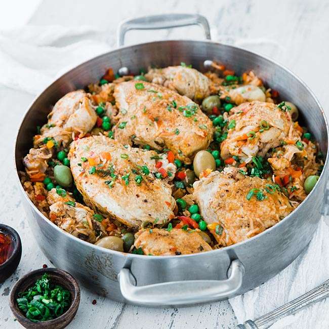 Arroz con Pollo; Collection of Healthy Chicken One Pot and Sheet Pan Dinners assembled by Jane Bonacci, The Heritage Cook 2019