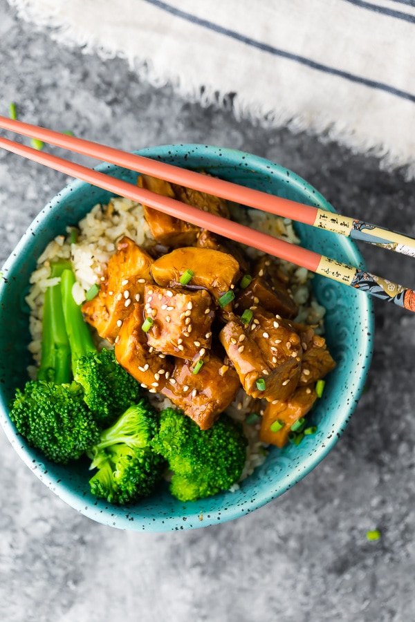 Slow Cooker Teriyaki Chicken in bowl with broccoli and chopsticks; 15 Great Chicken Recipes collection, compiled by Jane Bonacci, The Heritage Cook