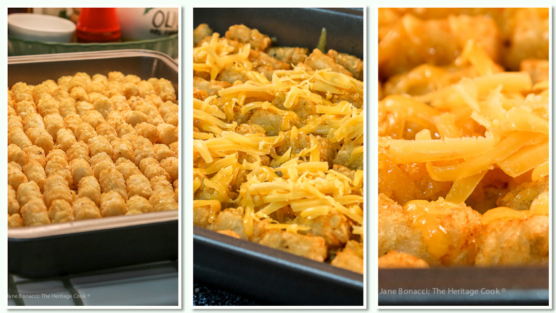 Shots of the steps to assemble the casserole; Breakfast Tater Tot Casserole © 2019 Jane Bonacci, The Heritage Cook