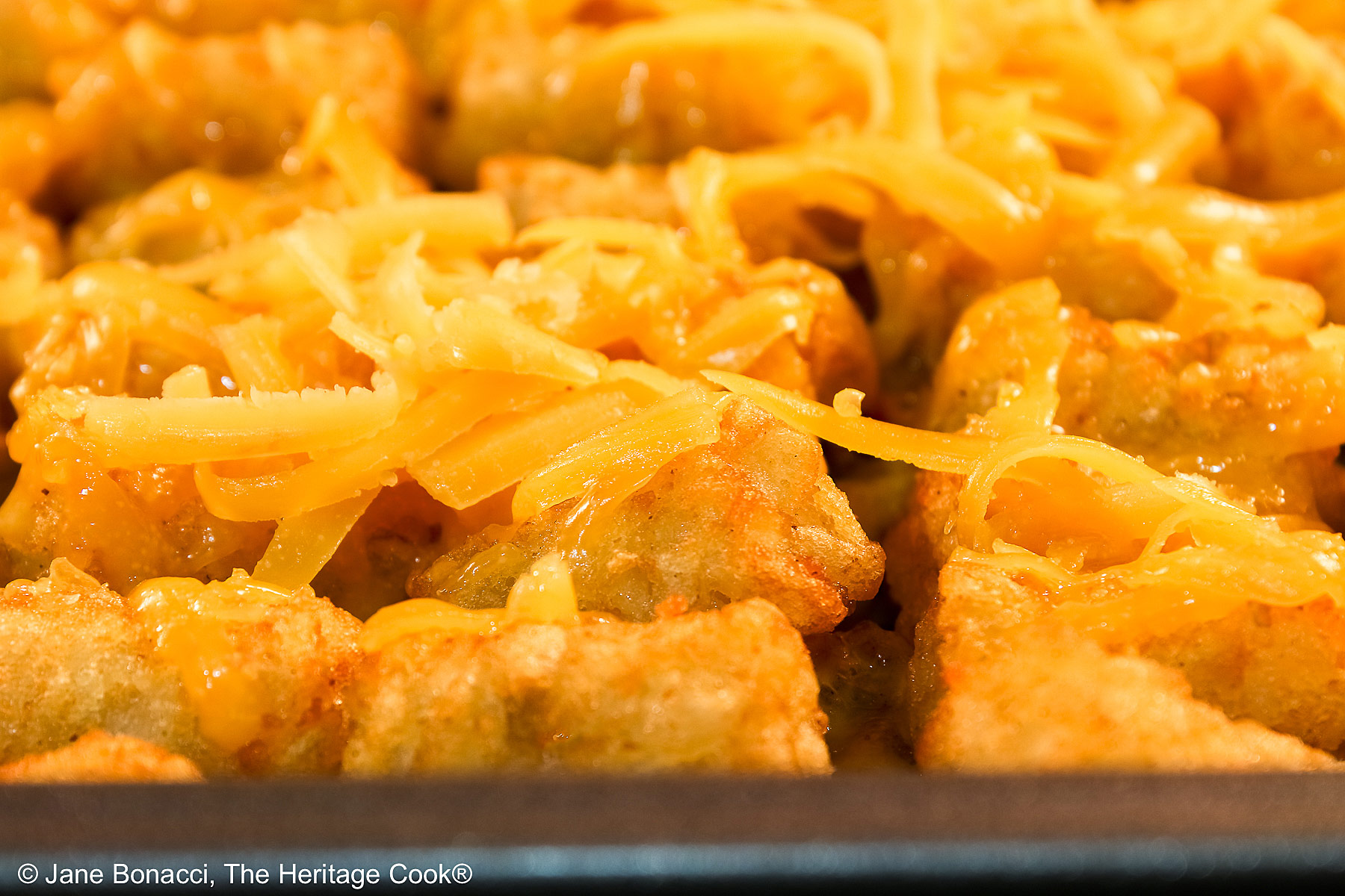 Hot from the oven, tater tots on top of the casserole with melted cheese. 
