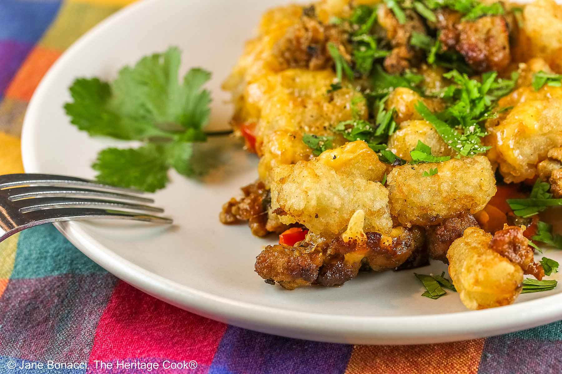 Breakfast Tater Tot Casserole, layers of meat, vegetables, cheese and eggs, scooped onto a white plate with rows of tater tots on top covered with melted cheese and chopped parsley sitting on a brightly colored cloth © 2025 Jane Bonacci, The Heritage Cook.