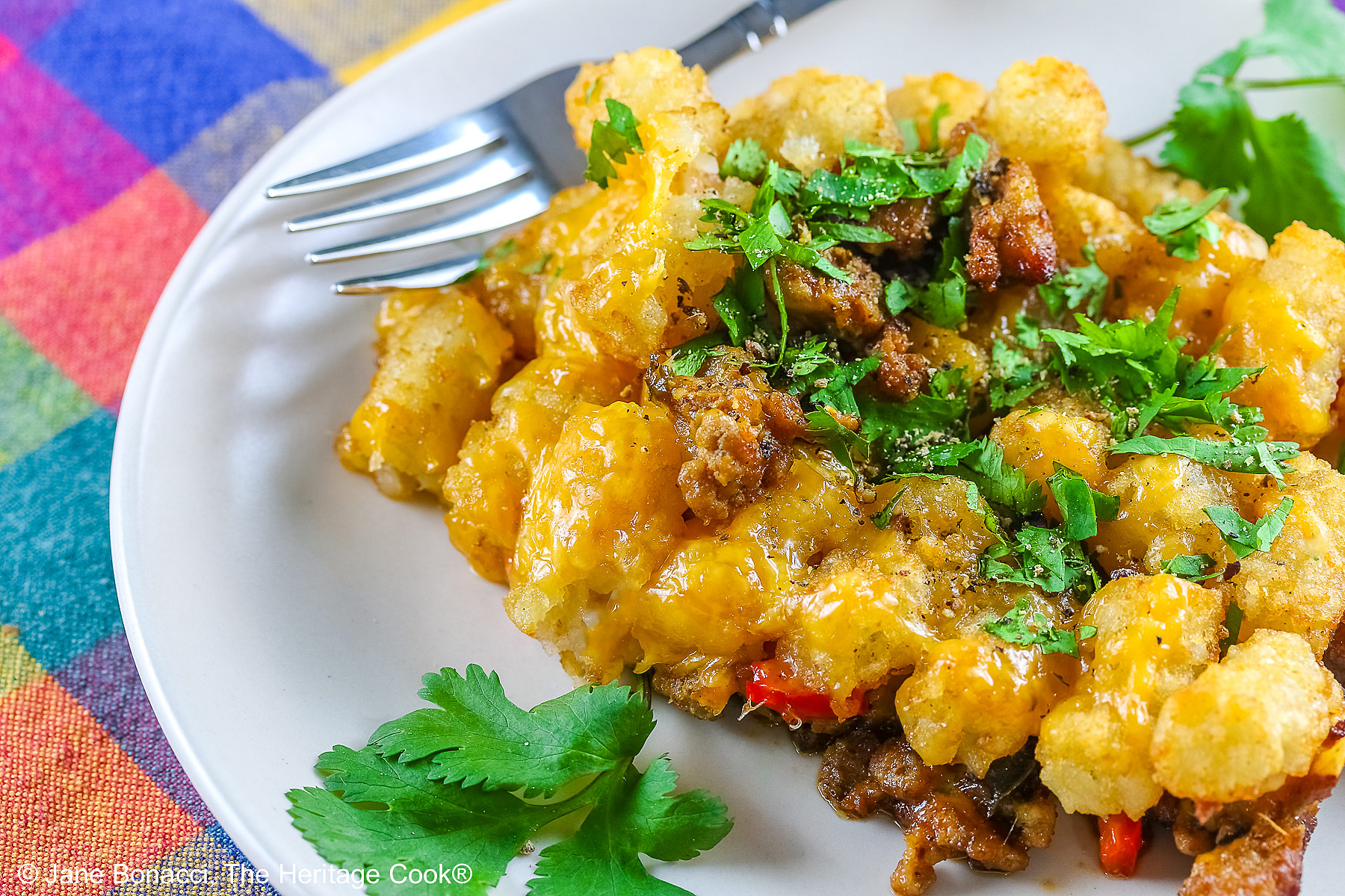 Breakfast Tater Tot Casserole, layers of meat, vegetables, cheese and eggs, scooped onto a white plate with rows of tater tots on top covered with melted cheese and chopped parsley sitting on a brightly colored cloth © 2025 Jane Bonacci, The Heritage Cook.