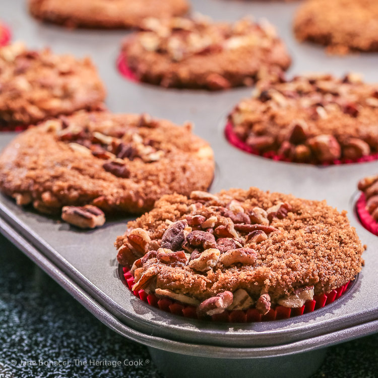 hot from the oven in muffin tin; White Chocolate Coffee Cake Muffins © 2019 Jane Bonacci, The Heritage Cook