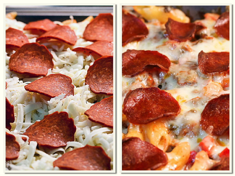 Before and after baking; Cheesy Pepperoni Pizza Casserole © 2019 Jane Bonacci, The Heritage Cook
