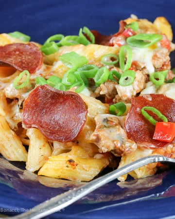 Cheesy Pepperoni Pizza Casserole © 2019 Jane Bonacci, The Heritage Cook