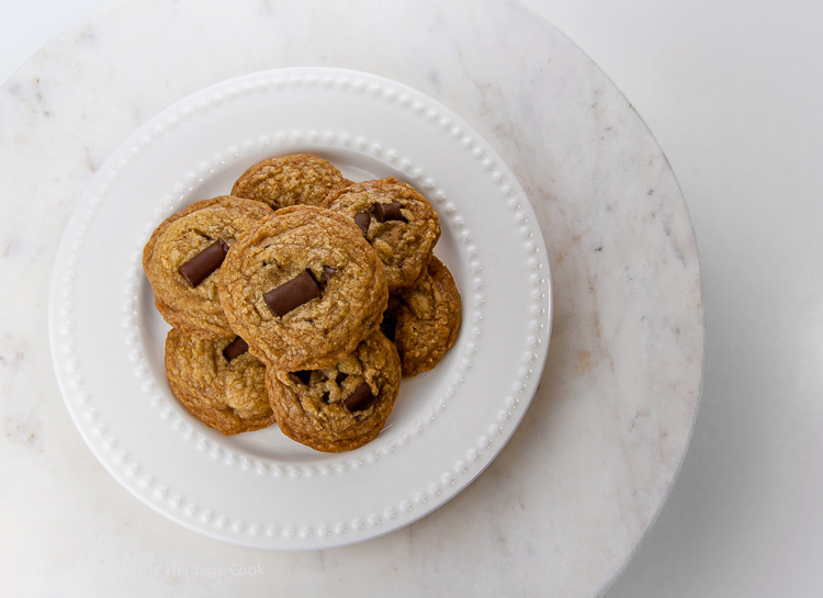 Cookies on marble; Gluten Free Chocolate Chunk Toffee Cookies © 2019 Jane Bonacci, The Heritage Cook