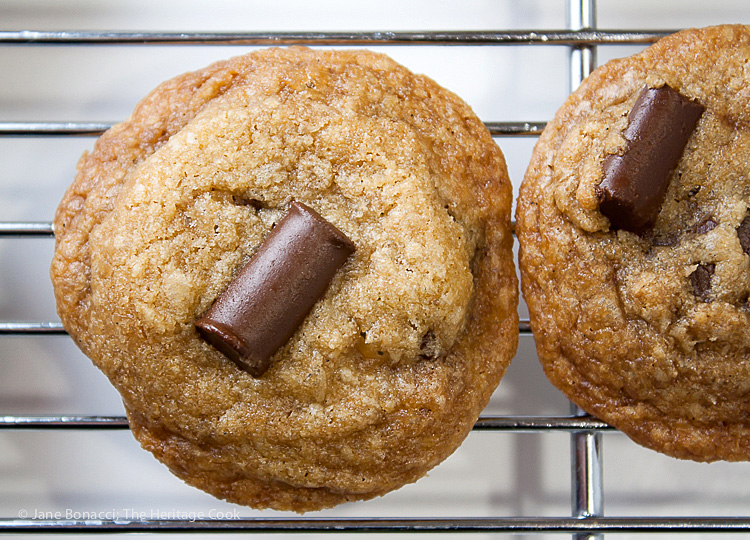 close up of chocolate chunk cookies; Gluten Free Chocolate Chunk Toffee Cookies © 2019 Jane Bonacci, The Heritage Cook