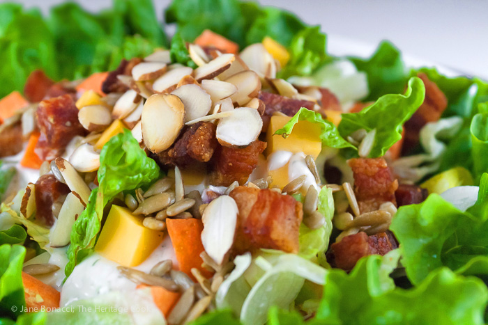 close up of ingredients in Gluten Free Chopped Meats and Cheese Salad with Ranch-Style Dressing © 2019 Jane Bonacci, The Heritage Cook