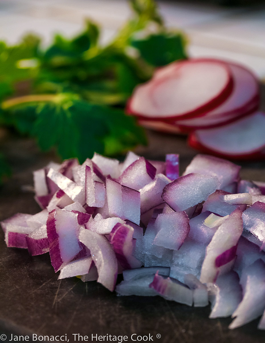 Chopped red onions, cilantro, and radishes