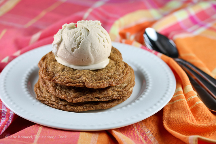 stack of cookies with ice cream on top; Chocolate Chip Cookie Sundaes (Gluten Free) © 2019 Jane Bonacci, The Heritage Cook