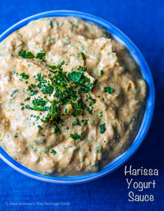 Bowl of Harissa Yogurt Sauce; Chicken with Harissa Yogurt Sauce and Pistachios © 2019 Jane Bonacci, The Heritage Cook