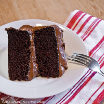 Slice of Dark Chocolate Layer Cake with Chocolate Frosting on a white plate with a red and white striped cloth and a fork © 2024 Jane Bonacci, The Heritage Cook.