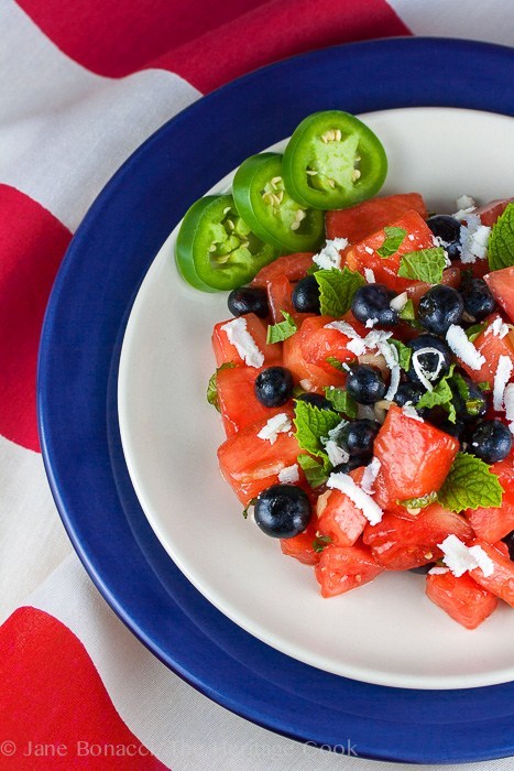 Plate filled with red, white, and blue Firecracker Salad from The Heritage Cook