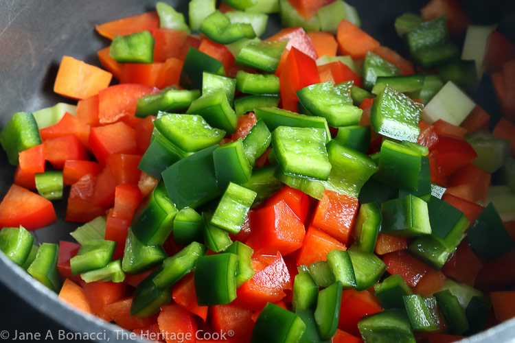 Pan of chopped vegetables to be added to the rice
