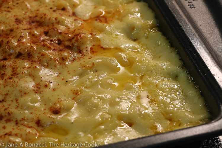 Pan of mac and cheese hot from the oven