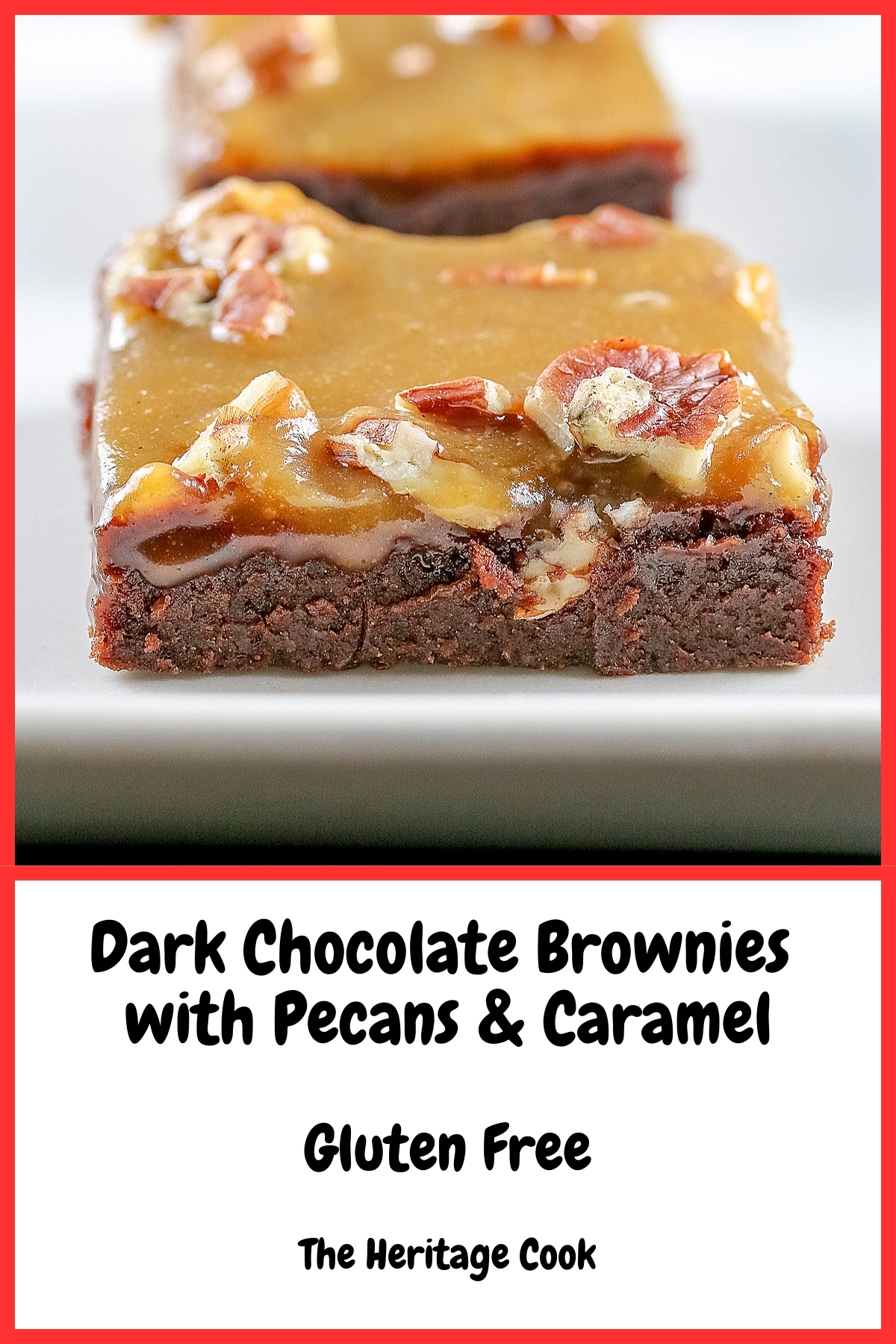 Line of 3 caramel coated brownies on a long rectangular white platter, sitting on a black background, close up of the brownies © 2026 Jane Bonacci, The Heritage Cook.