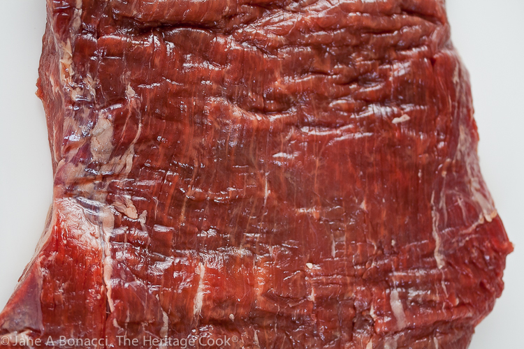 Raw flank steak; Carne Asada Street Tacos (Gluten Free) © 2020 Jane Bonacci, The Heritage Cook