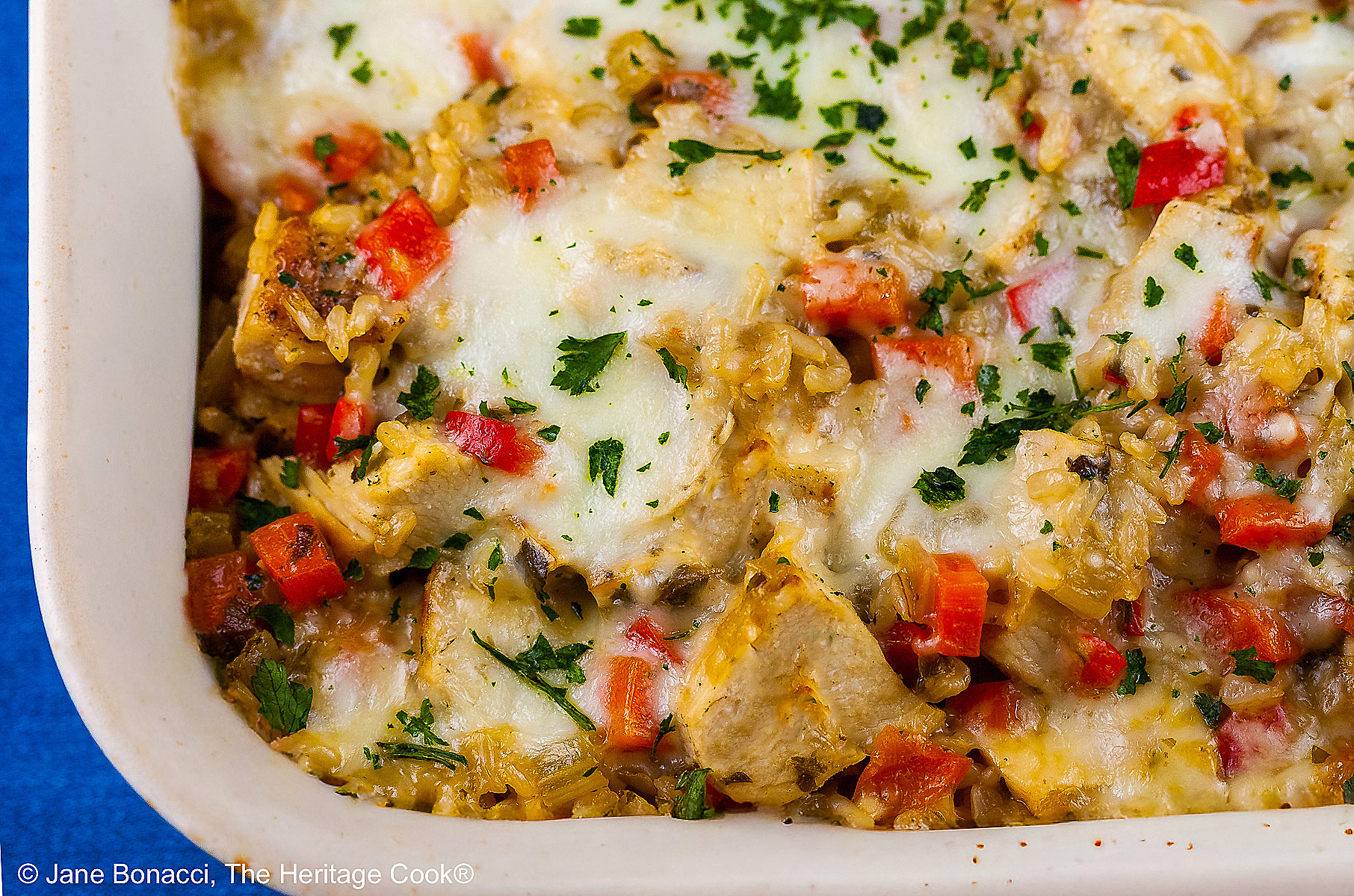 Close up of the pan of oven baked chicken risotto before serving.