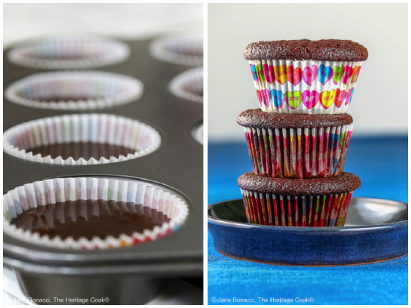Rocky Road Chocolate Cupcakes in brightly patterned liners, stacked 3 high and filled cupcake liners ready to bake © 2026 Jane Bonacci, The Heritage Cook.