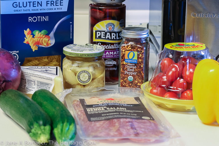 Ingredients for Gluten Free Antipasta Pasta Salad © 2020 Jane Bonacci, The Heritage Cook