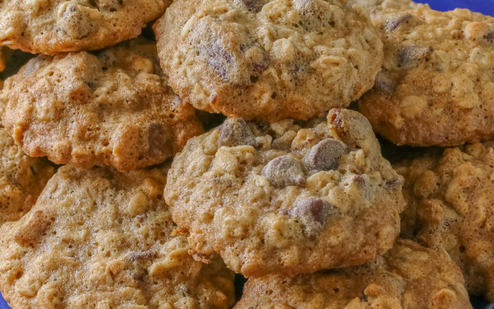 A large pile of amazing, delicious Chewy Oatmeal Chocolate Chip Cookies stacked on a rectangular blue platter sitting on a mottled gray background © 2026 Jane Bonacci, The Heritage Cook.
