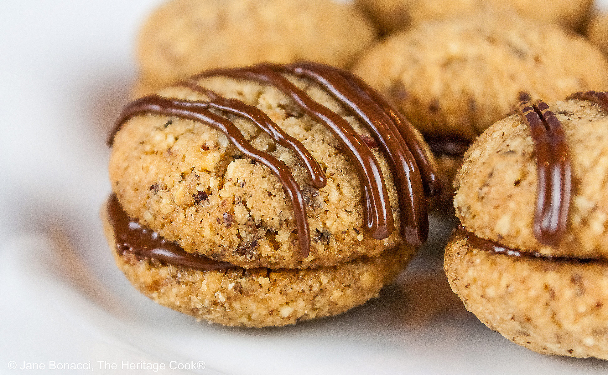 Chocolate Hazelnut Sandwich Cookies filled with chocolate ganache on a white plate sitting on a red, white, and green Italian towel, some drizzled with melted chocolate, with hazelnuts scattered around the cookies © 2026 Jane Bonacci, The Heritage Cook.