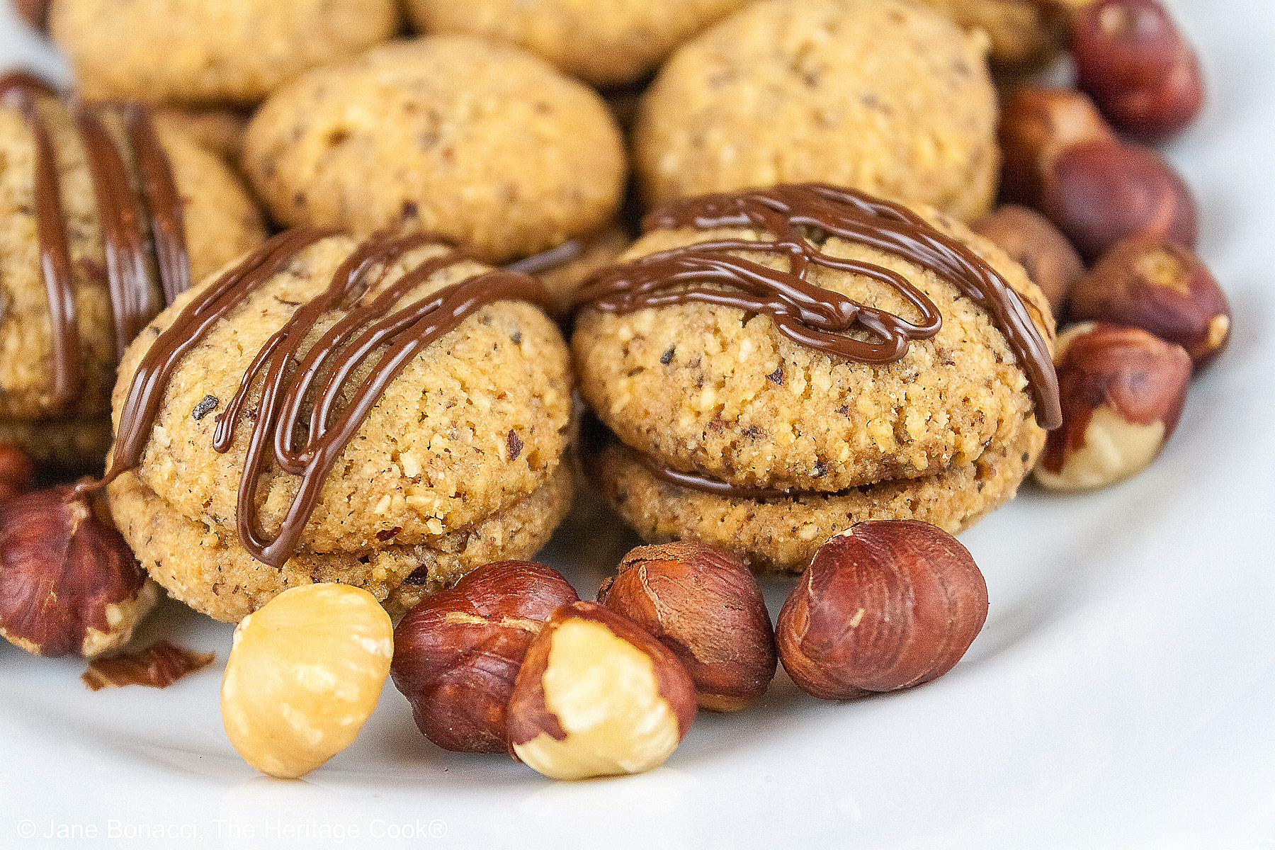 Chocolate Hazelnut Sandwich Cookies filled with chocolate ganache on a white plate sitting on a red, white, and green Italian towel, some drizzled with melted chocolate, with hazelnuts scattered around the cookies © 2026 Jane Bonacci, The Heritage Cook.