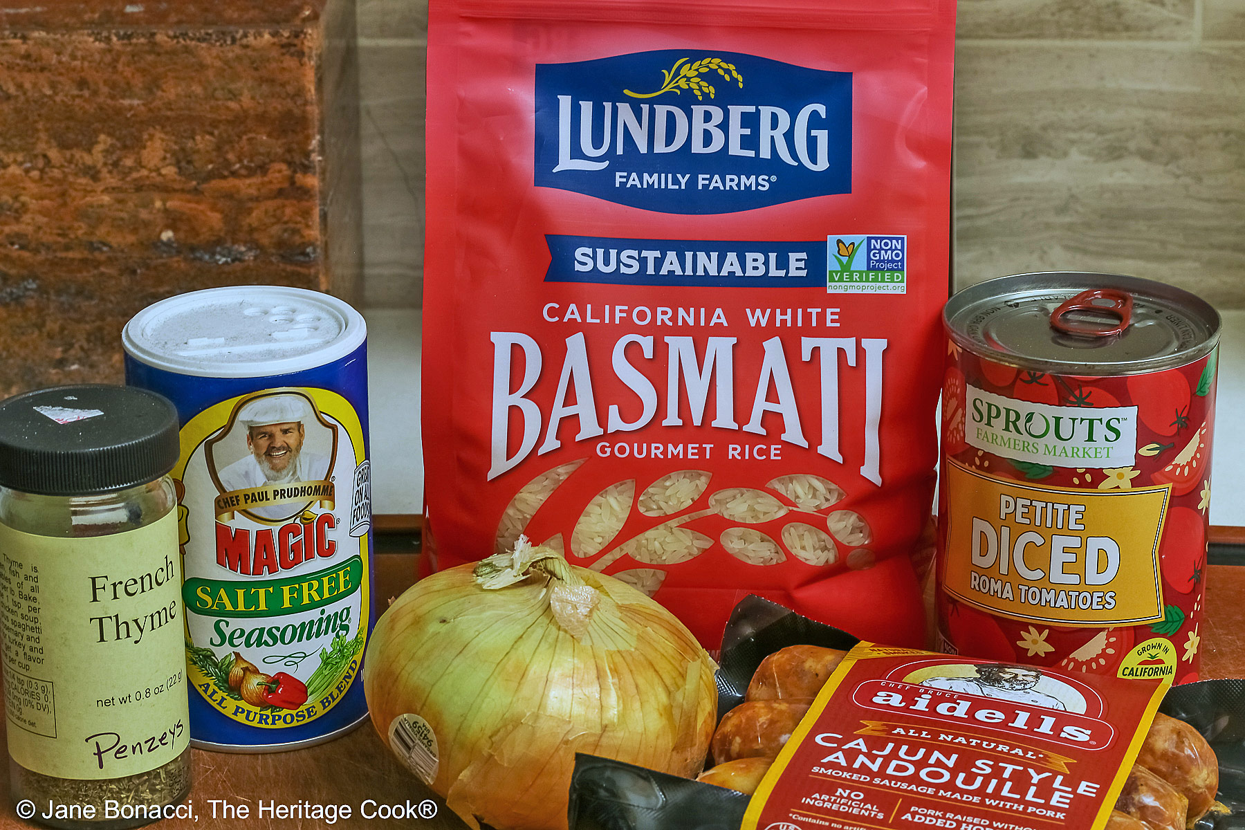 Array of ingredients for the jambalaya.